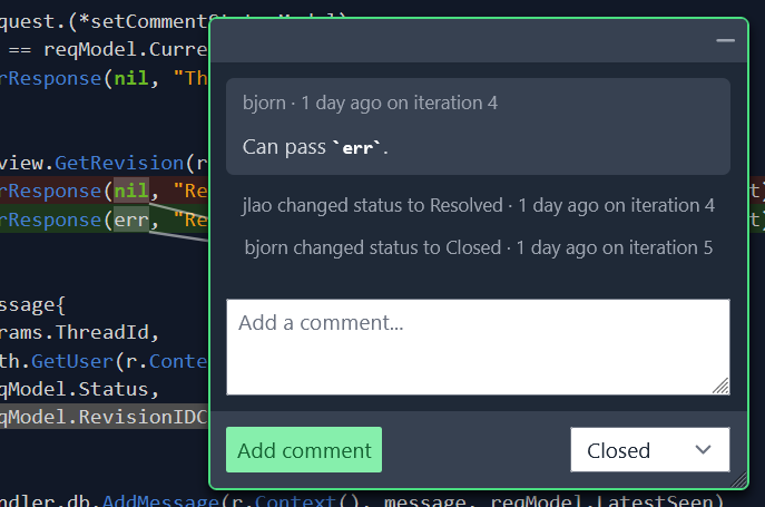 Screenshot of comment transferred across iterations