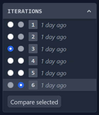 Screenshot of iteration comparison UI