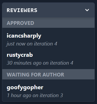 Screenshot of reviewer statuses