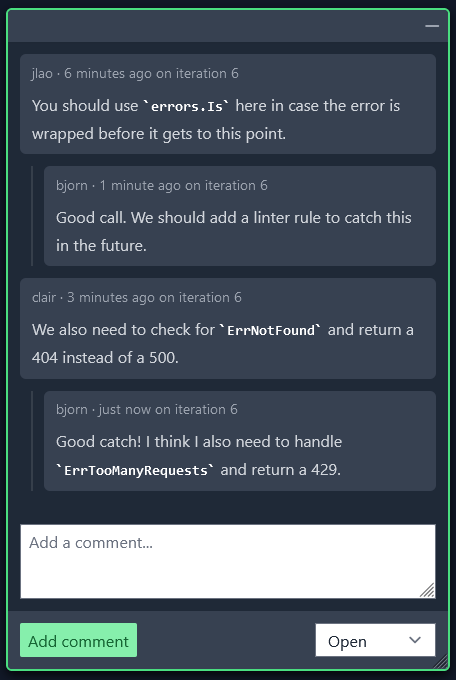 Screenshot featuring threaded comments